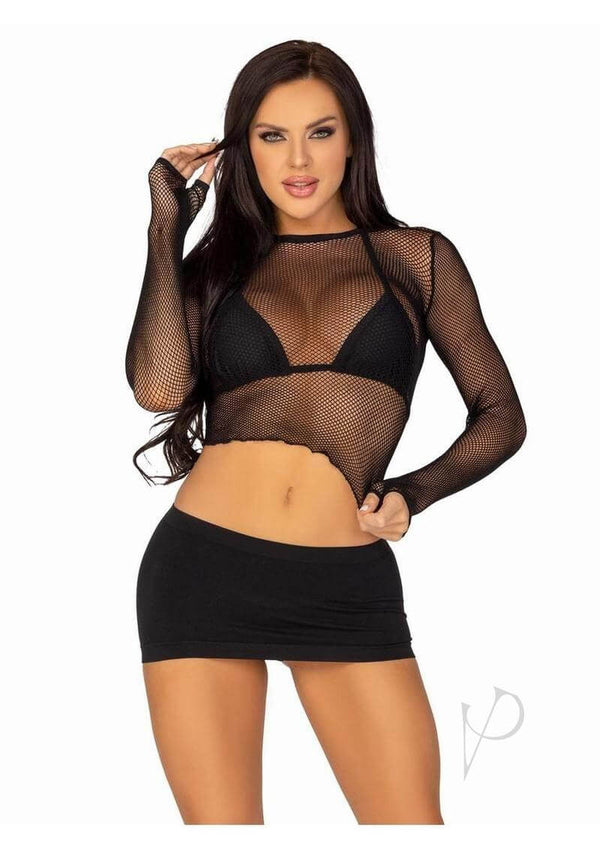 Fishnet Gloved Crop Top Blk-0