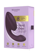 Womanizer Next Duo G-Spot and Clitoral Stimulator Purple packaging featuring advanced 3D Pleasure Air technology.