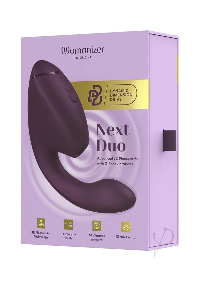 Womanizer Next Duo G-Spot and Clitoral Stimulator Purple packaging featuring advanced 3D Pleasure Air technology.