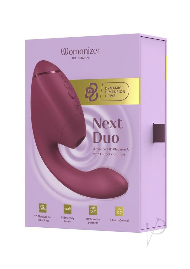 Womanizer Next Duo G-Spot and Clitoral Stimulator Dark Pink in packaging showcasing advanced pleasure technology.