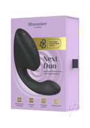 Womanizer Next Duo Dual G-Spot and Clitoral Stimulator Black packaging showcasing its features and design.