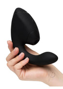 Womanizer Next Duo Dual G-Spot and Clitoral Stimulator Black held in hand, showcasing its sleek design.