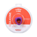 Tantus Stirrup C-ring Cock And Ball Sling Lilac packaging with silicone ring showpiece.