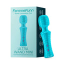 FemmeFunn Ultra Wand Mini Textured Silicone Vibrator Turquoise with packaging and ergonomic design.