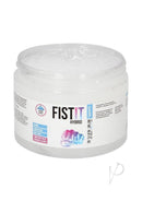 Fist It Hybrid Glide Lubricant 500ml 16.9 Oz in a clear jar with a colorful label showing its hybrid formula.