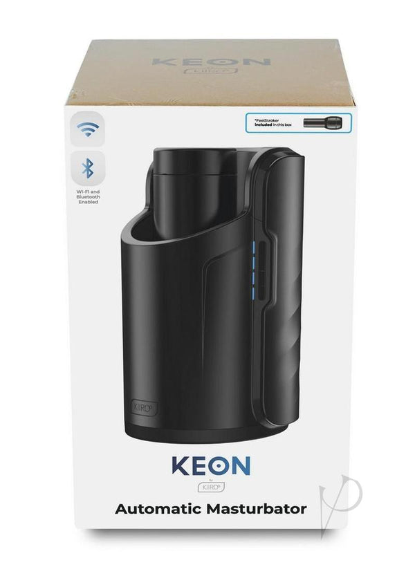 Kiiroo Keon automatic masturbator packaging showcasing ergonomic design and connectivity features.