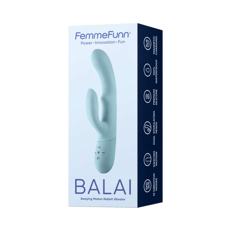FemmeFunn Balai Swaying Motion Dual Stimulation Vibrator Blue packaging showcasing its design and features