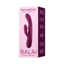 FemmeFunn Balai Swaying Motion Dual Stimulation Vibrator Fuchsia packaging display with product features and design.