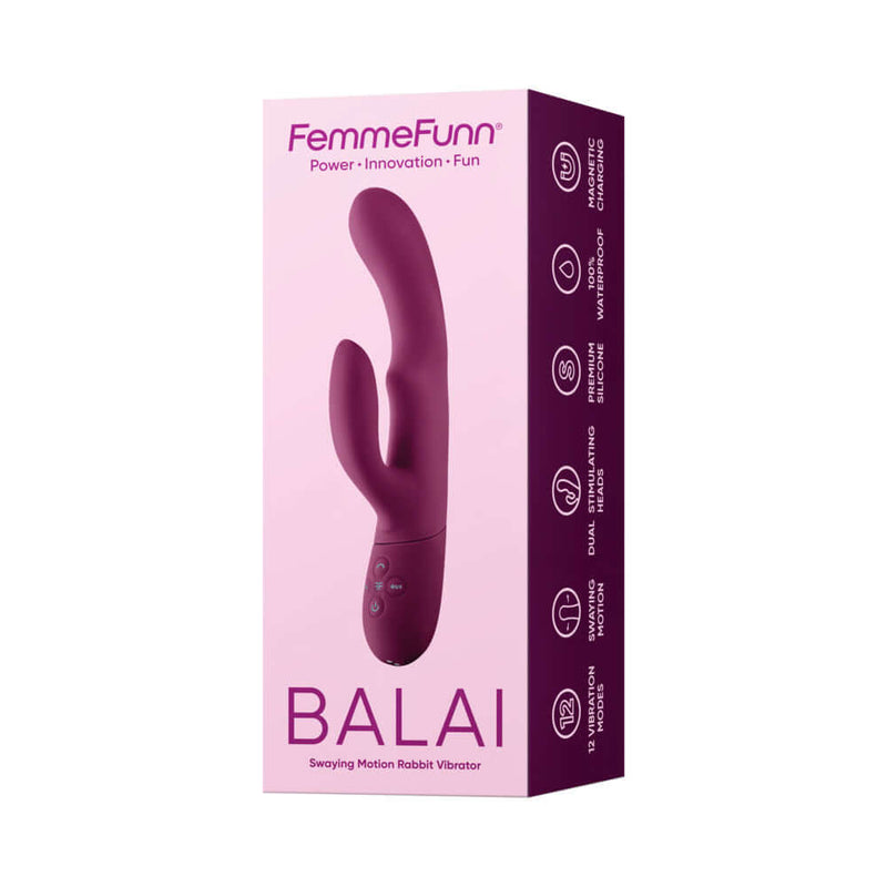 FemmeFunn Balai Swaying Motion Dual Stimulation Vibrator Fuchsia packaging display with product features and design.