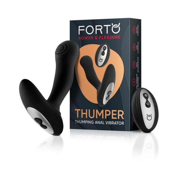 Forto Thumper Remote Controlled Thumping Anal Vibrator Black with packaging and remote control.
