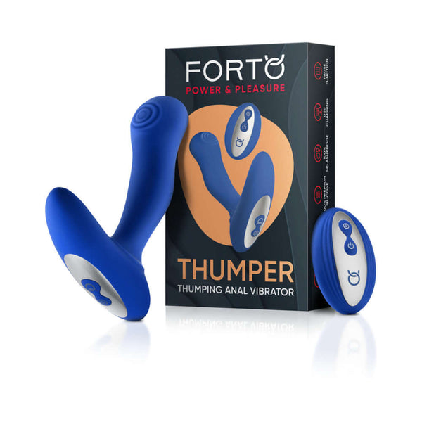 Forto Thumper Remote Controlled Thumping Anal Vibrator Blue next to its box, showcasing innovative design and powerful stimulation.