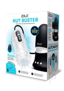 Zolo Nut Buster Masturbator with Remote Black and Clear packaging showcasing the automatic blowjob machine features.