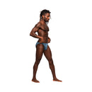 Male Power Inter-mingle Moonshine Jock Brief Blue S/M showcased by model from the side, highlighting fit and style.