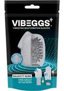 VIBEGGS Naughty Nubs Unisex Masturbation Egg White/Blue packaging showcasing its stretchy and soft material features.