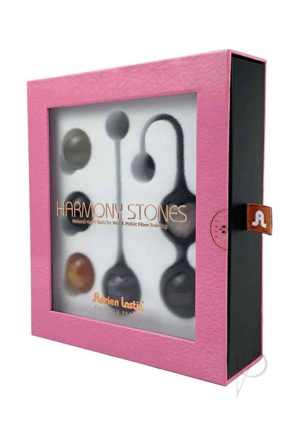 Adrien Lastic Harmony Stones Kegel Exerciser Balls in a pink box showcasing six natural stones for pelvic floor wellness.