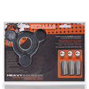 Oxballs Heavy Squeeze Weighted Ballstretcher Black with three stainless steel inserts and packaging.