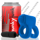 Oxballs Revhammer Shaft Vibrating Cock Ring Teal next to a can from hünkyjunk, showcasing its design.