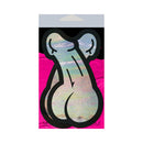 Pastease Penis Holographic Silver Dick Nipple Pasties packaging featuring a playful and shiny design.