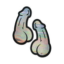 Pastease Penis Holographic Silver Dick Nipple Pasties in playful design with shimmering holographic effect.