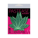 Pastease Indica Pot Leaf Green Weed Nipple Pasties packaging featuring a vibrant green cannabis leaf design.