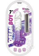 Wet Dreams Dream Boy 7 Inch Vibrating Dildo Clear Purple packaging with multiple features and colorful design.