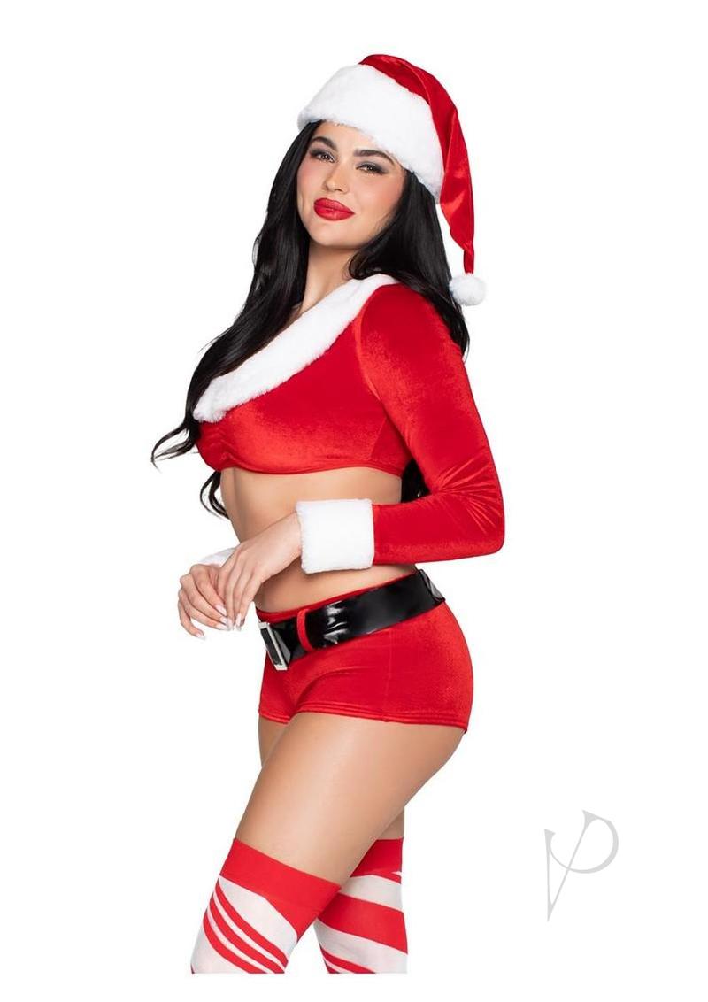 Leg Avenue Christmas Cutie Santa Velvet 4 Pc Costume Red XS, featuring a red velvet top, shorts, and a Santa hat.