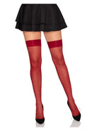 Leg Avenue Spandex Sheer Thigh Highs with Rose Side worn with a black skirt, featuring red sheer stockings.