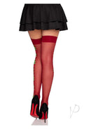 Leg Avenue Spandex Sheer Thigh Highs with Rose Side on model, featuring red stockings and stylish black outfit.