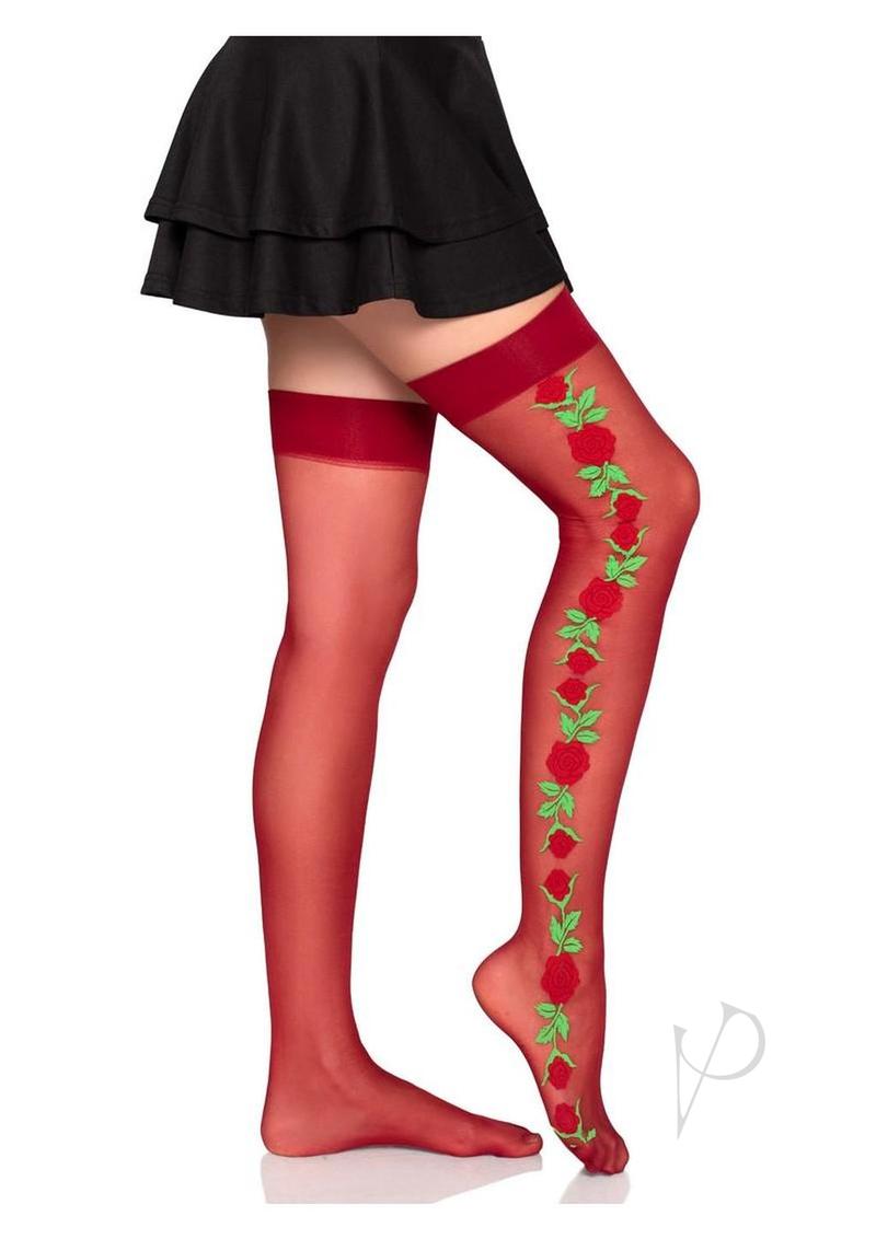 Leg Avenue Spandex Sheer Thigh Highs with Rose Side shown on model, featuring a stylish design and a romantic touch.