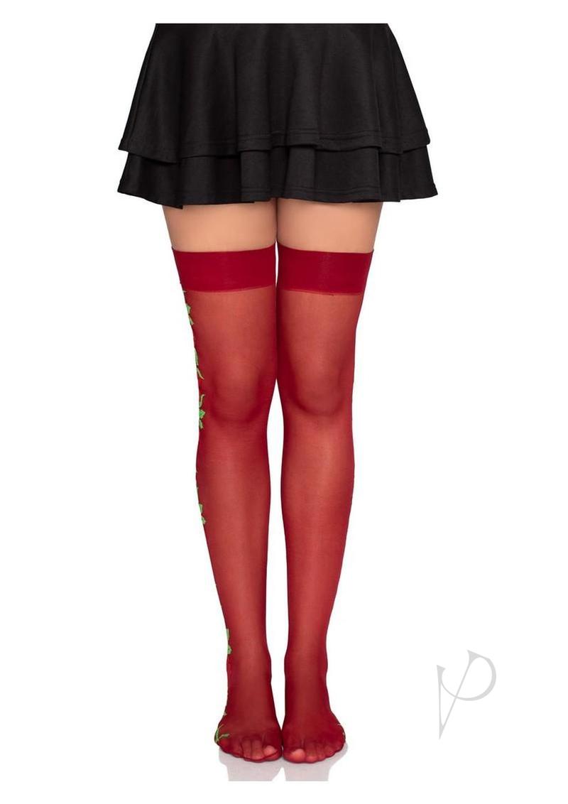 Leg Avenue Spandex Sheer Thigh Highs with Rose Side worn with a flared black skirt, showcasing elegance and romance.