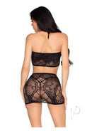 Leg Avenue Lace Bra Top and Mini Skirt with Rosette Accents Black worn by model from the back.
