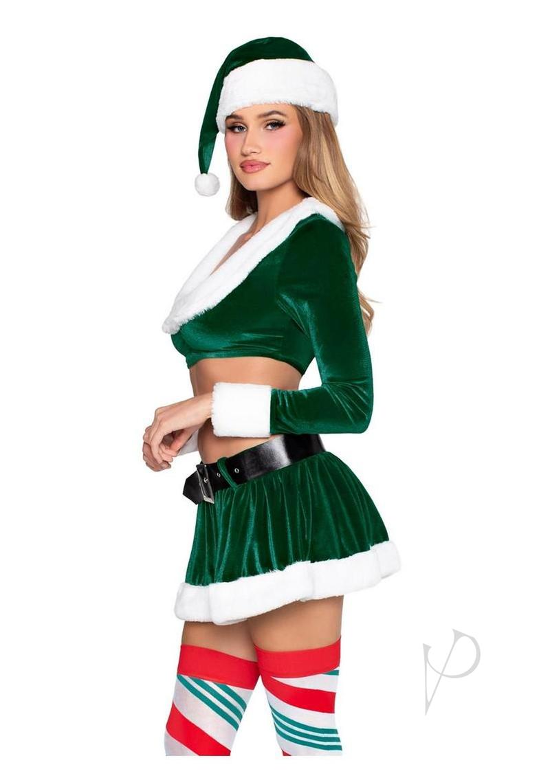 Leg Avenue HoHo Hottie Velvet Santa 4 Piece Costume Green L model wearing festive outfit with velvet crop top and mini skirt.
