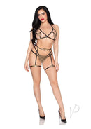 Leg Avenue Bra Top with G-String Panty and Garter Harness model showcasing black and gold lingerie with lace accents.