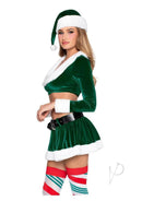 Leg Avenue HoHo Hottie Velvet Santa 4 Piece Costume Green M, featuring a velvet crop top, mini skirt, and Santa hat.
