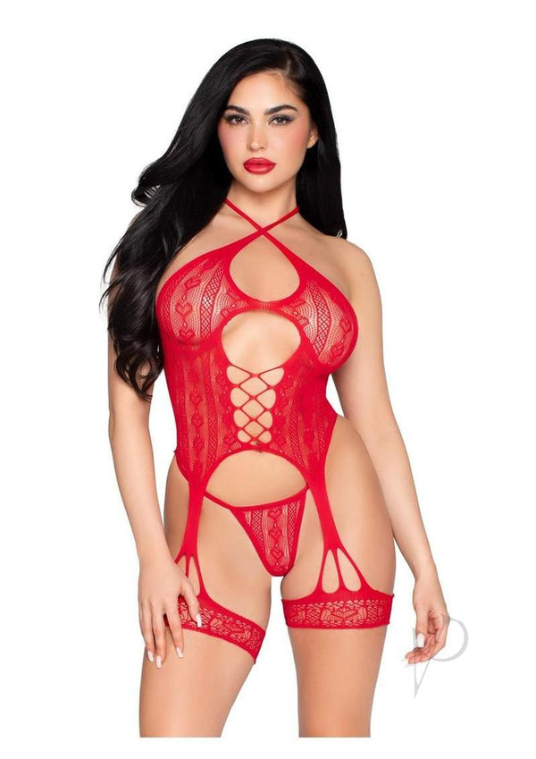 Leg Avenue Heart Halter Cami Garter and Panty 2 Pc Red lingerie set featuring heart details and garter straps.