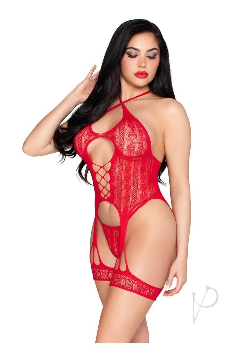 Leg Avenue Heart Halter Cami Garter and Panty 2 Pc Red on model showcasing allure and charm in seductive lingerie.