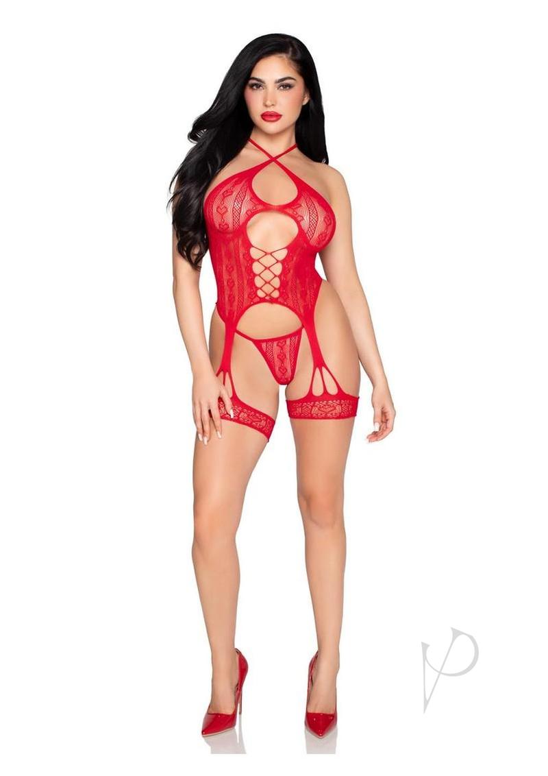 Leg Avenue Heart Halter Cami Garter and Panty 2 Pc Red showcasing a stunning lingerie set with heart detailing.