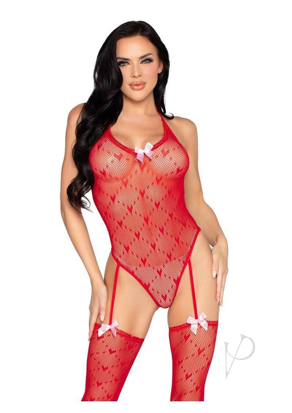 Leg Avenue Mini Heart Trimmed Net Teddy with Stockings Red, showcasing a model in flirty red lace with heart patterns and bows.