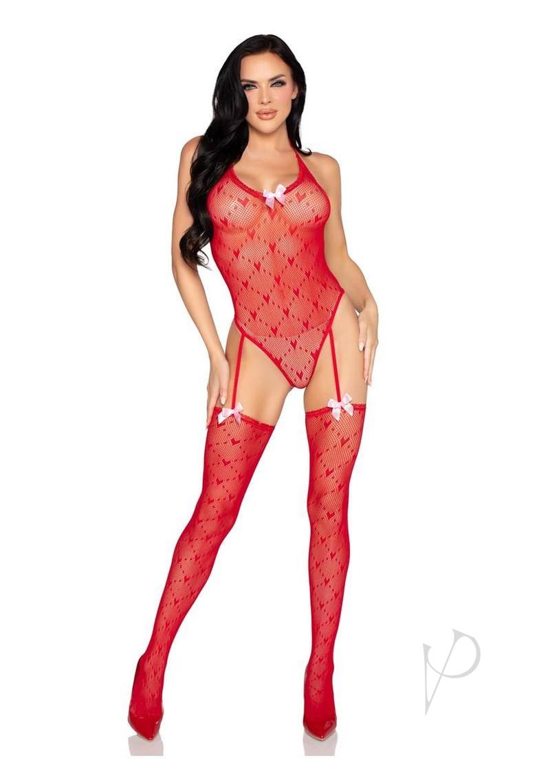 Leg Avenue Mini Heart Trimmed Net Teddy with Stockings Red model showcasing the flirty design and heart pattern.