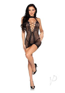 Leg Avenue Dotted Net and Lace Halter Mini Dress Black on model showcasing elegance and allure in a seductive black design.