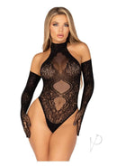 Leg Avenue Lace Halter Teddy and Matching Long Lace Gloves Black displayed on a model, showcasing its allure and elegance.