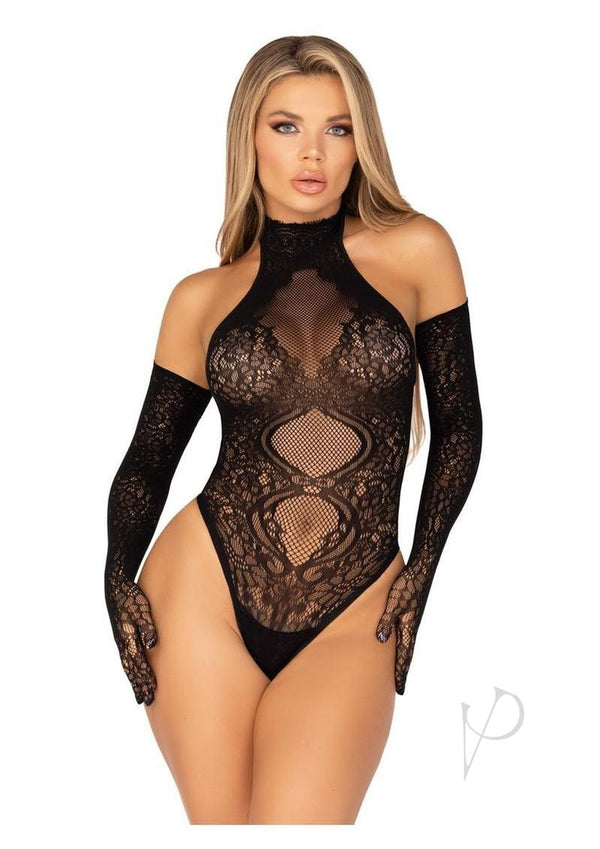Leg Avenue Lace Halter Teddy and Matching Long Lace Gloves Black displayed on a model, showcasing its allure and elegance.