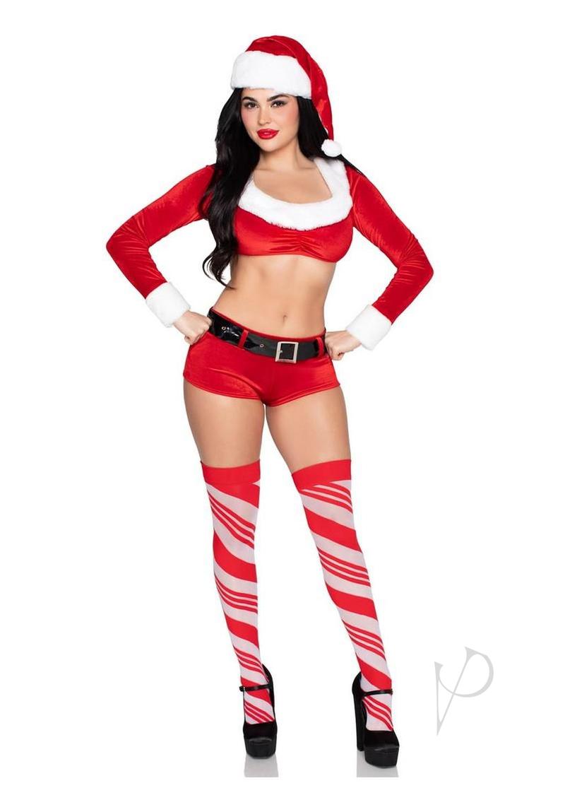Leg Avenue Christmas Cutie Santa Velvet 4 Pc Costume Red L featuring a festive crop top and shorts with candy cane stockings.