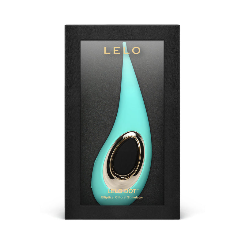 LELO DOT Elliptical Clitoral Stimulator Aqua packaging with elegant design and gold accents.