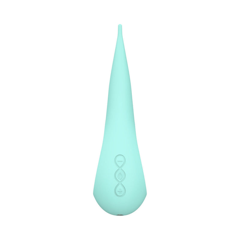 LELO DOT Elliptical Clitoral Stimulator Aqua in aqua color with ergonomic design and control buttons.