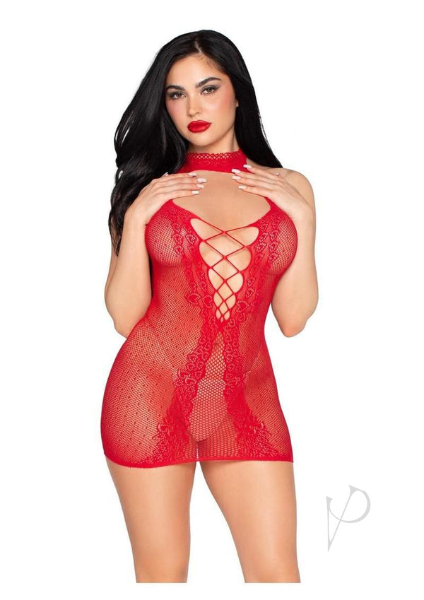 Leg Avenue Dotted Net and Lace Halter Mini Dress Red featuring a faux lace-up open back in a bold red color.