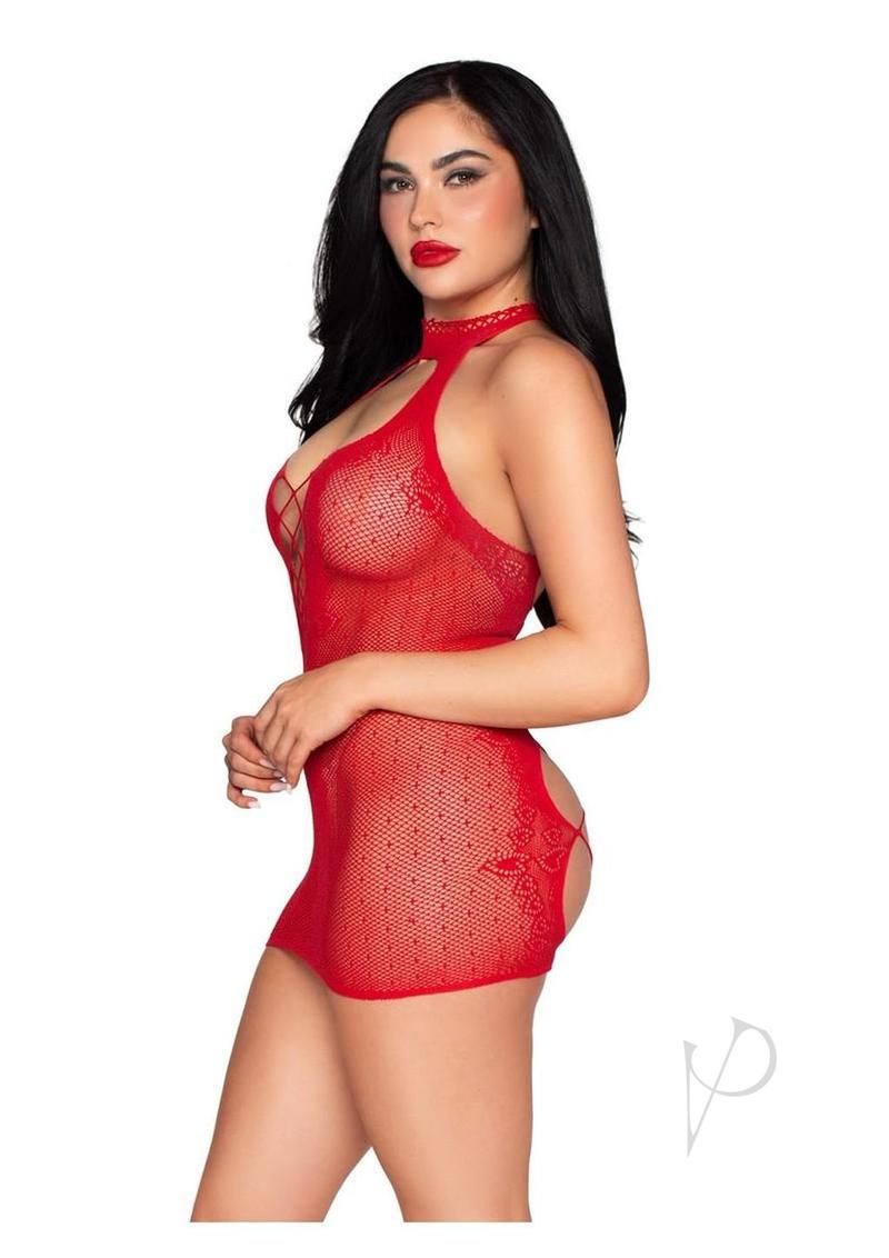 Leg Avenue Dotted Net and Lace Halter Mini Dress Red showcasing faux lace-up open back design in striking red.