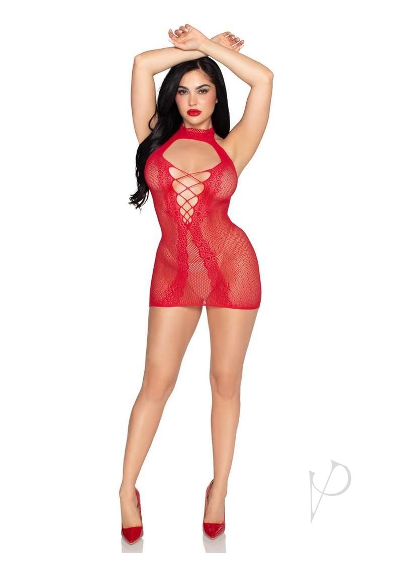 Leg Avenue Dotted Net and Lace Halter Mini Dress Red featuring a faux lace-up open back design.