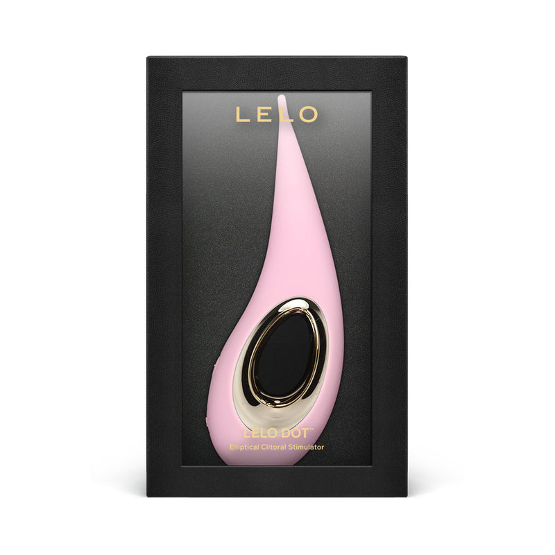 LELO DOT Elliptical Clitoral Stimulator Pink in elegant packaging with gold accents.