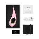 LELO DOT Elliptical Clitoral Stimulator Pink in packaging with accessories and instruction card.